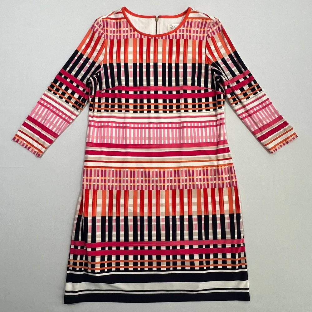 Eliza J Women 12 Multicolor Geometric Stripe Shift Dress 3/4 Sleeve Matte Jersey
